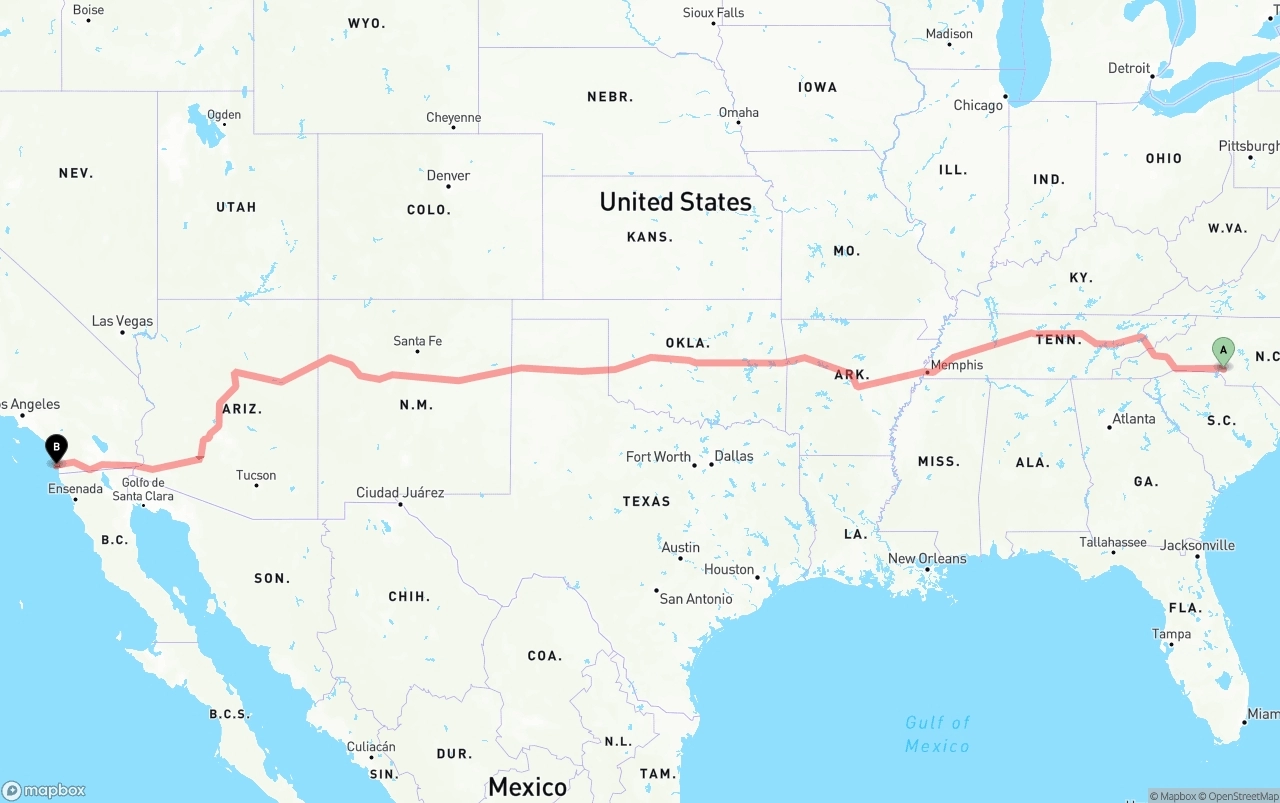 Shipping route from Charlotte to San Diego International Airport