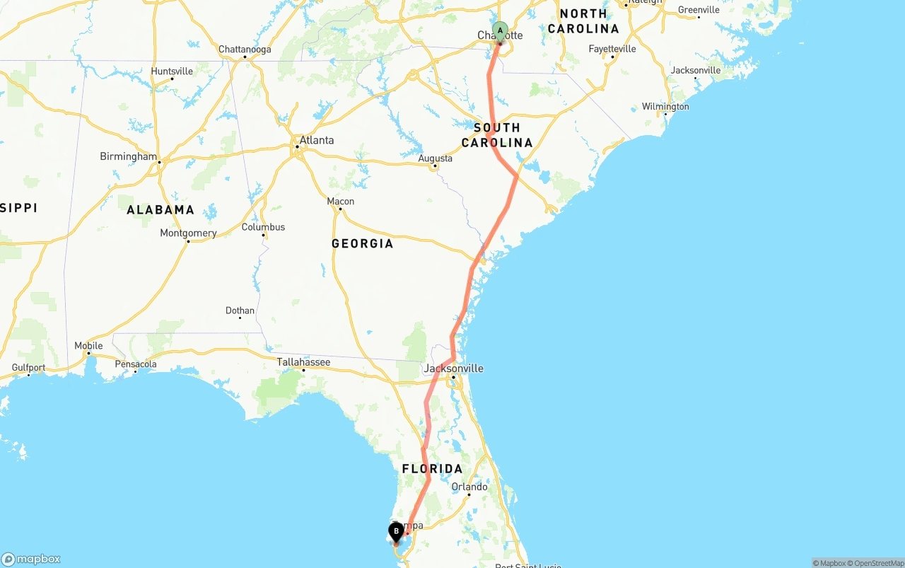 Shipping route from Charlotte to St. Petersburg