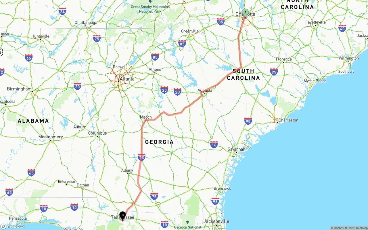 Shipping route from Charlotte to Tallahassee