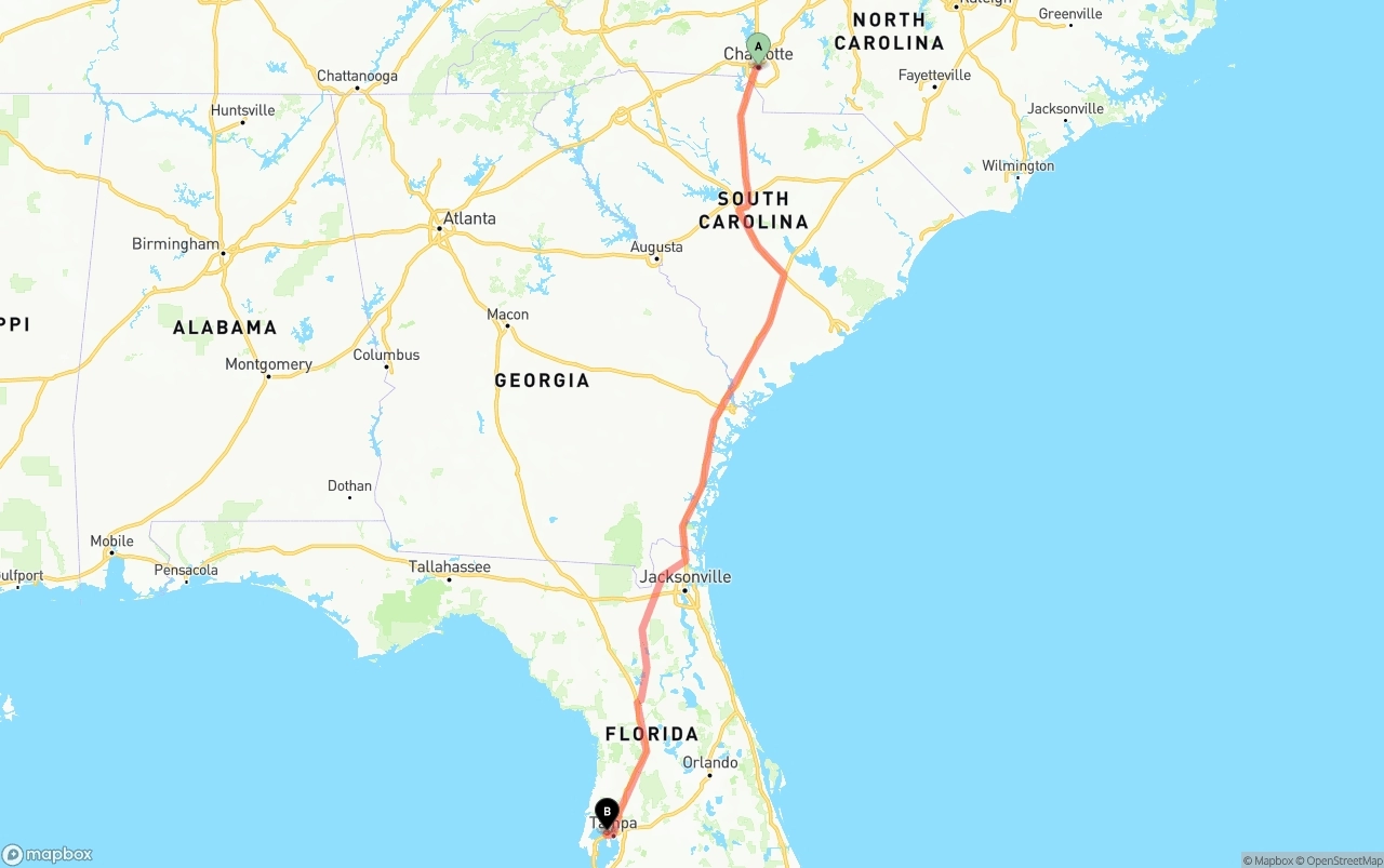 Shipping route from Charlotte to Tampa International Airport