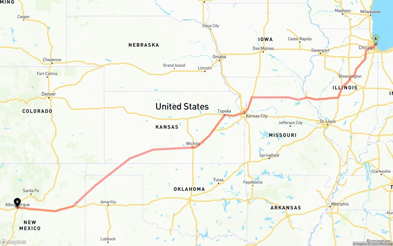 Shipping route from Chicago to Albuquerque