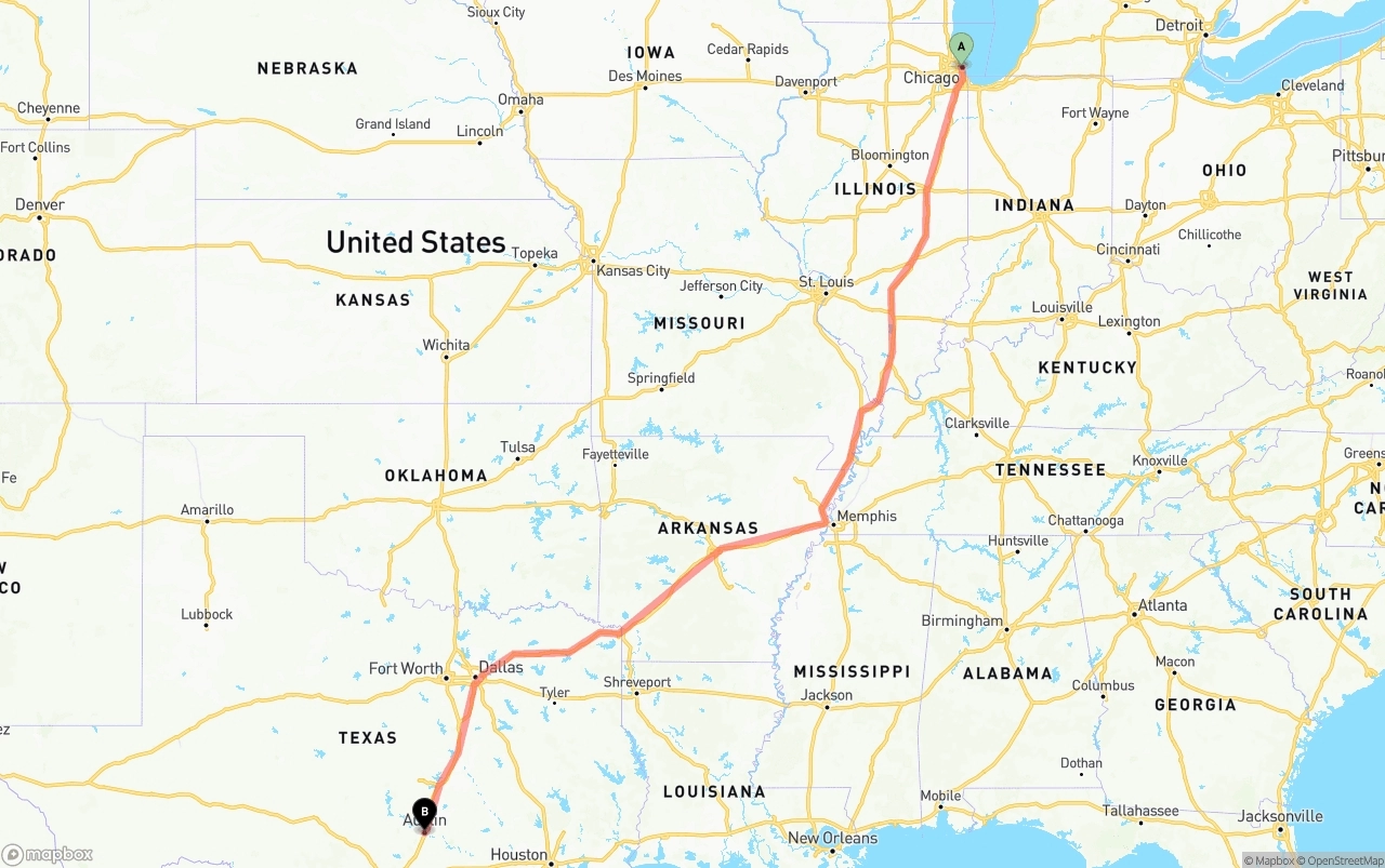 Shipping route from Chicago to Austin