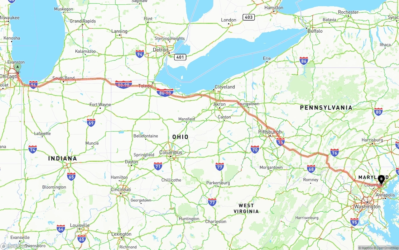 Shipping route from Chicago to Baltimore