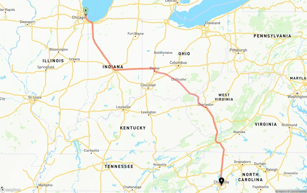 Shipping route from Chicago to Charlotte
