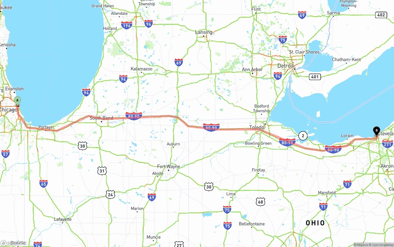 Shipping route from Chicago to Cleveland