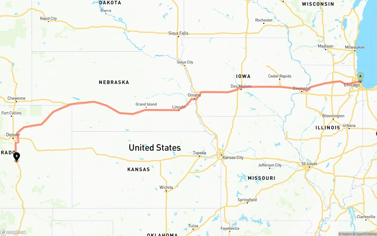 Shipping route from Chicago to Colorado Springs