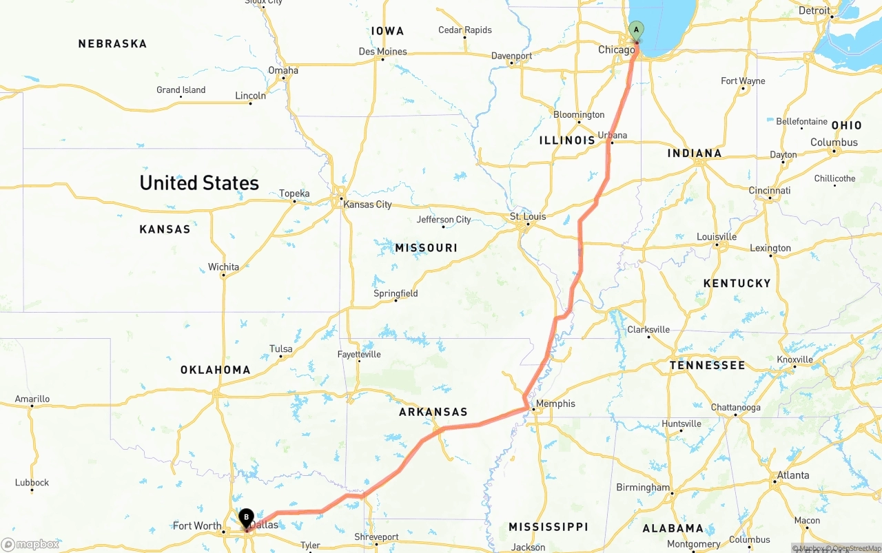 Shipping route from Chicago to Dallas