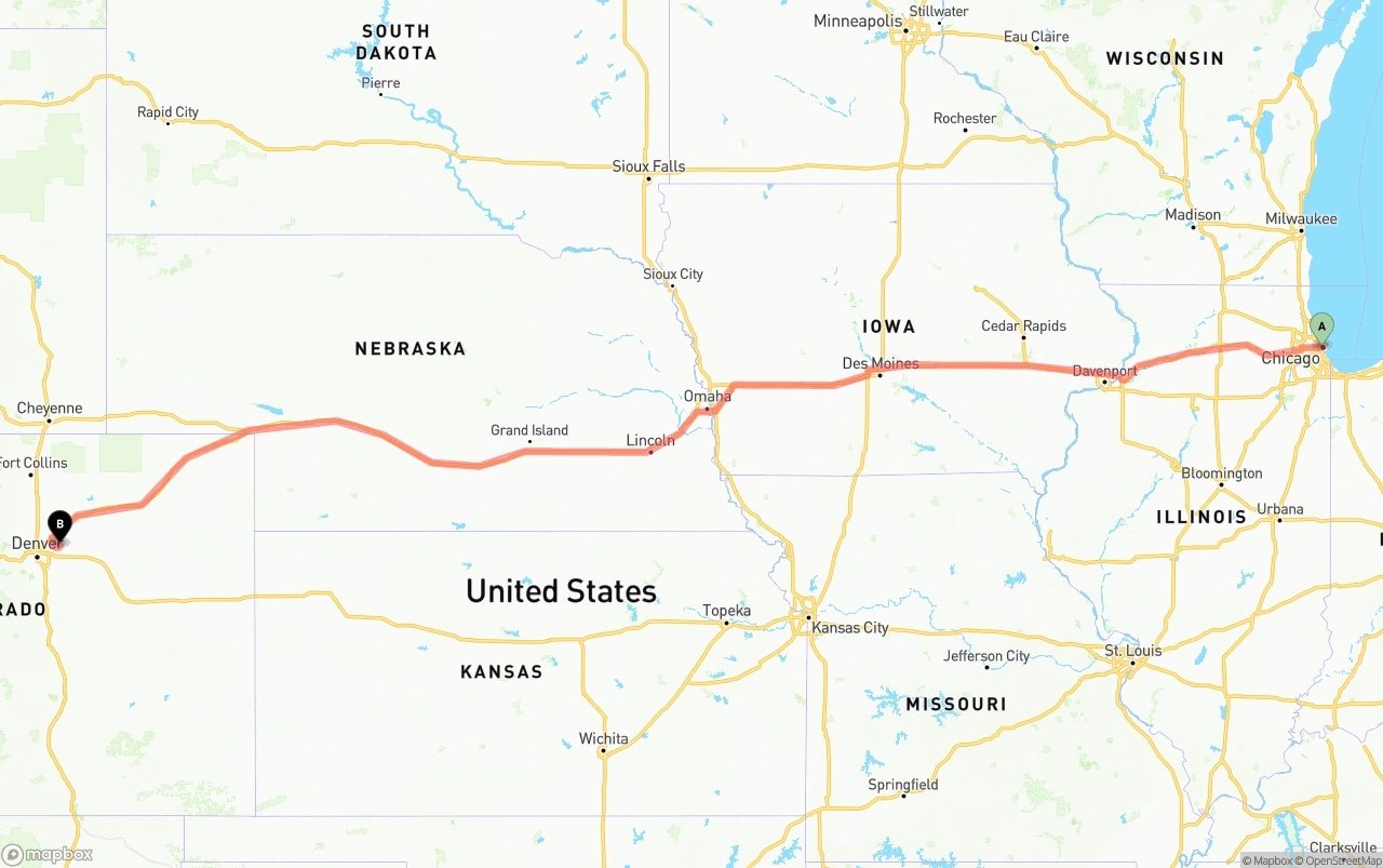 Shipping route from Chicago to Denver International Airport