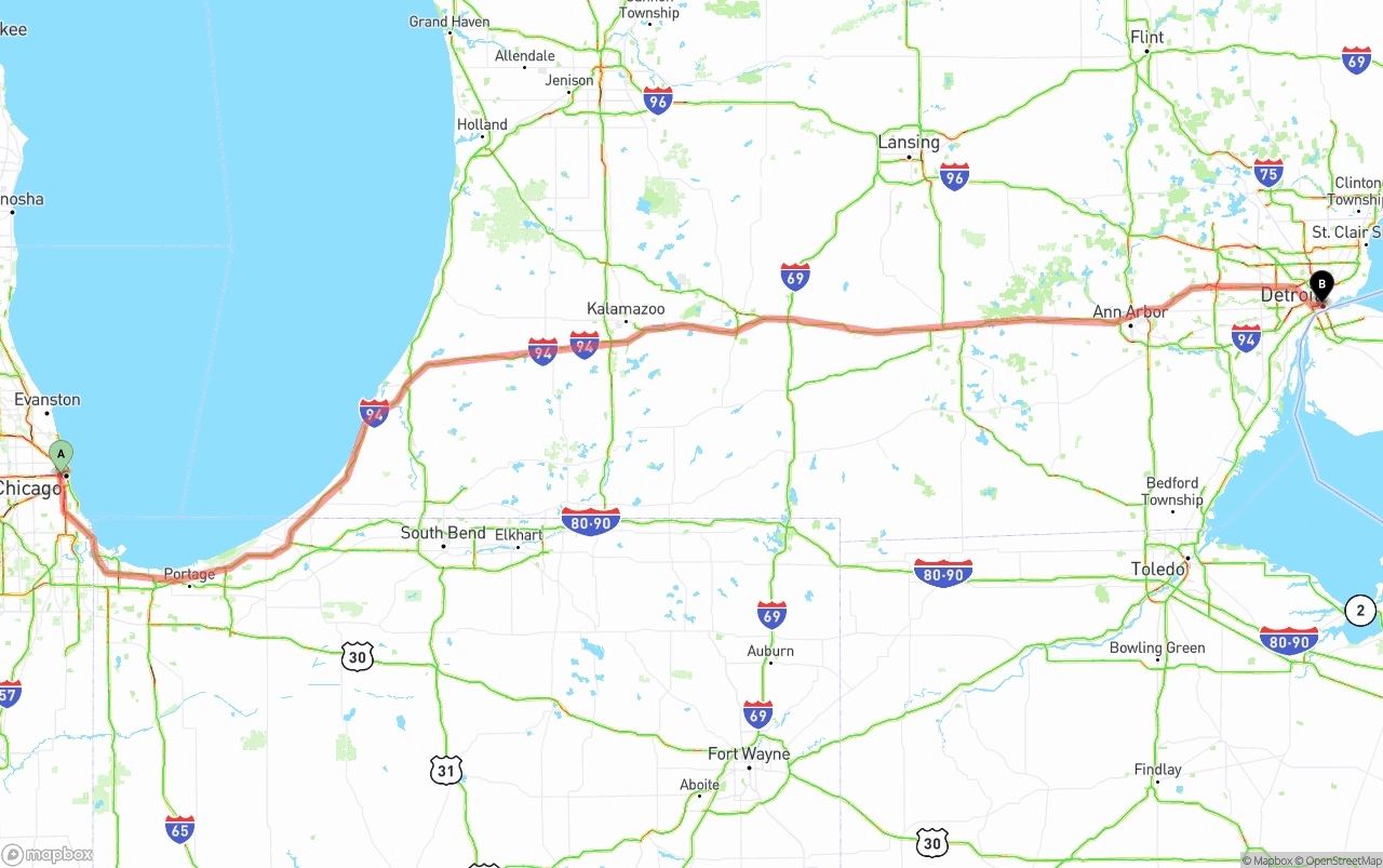 Shipping route from Chicago to Detroit