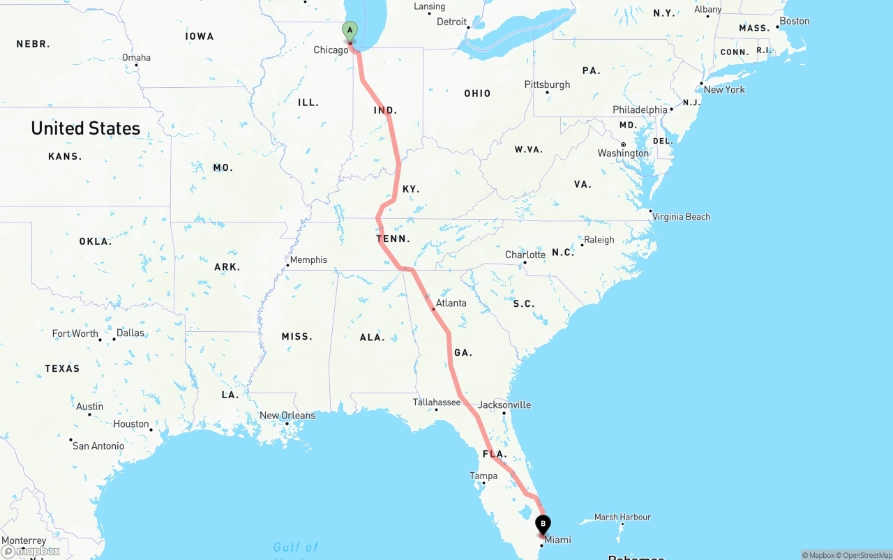 Shipping route from Chicago to Fort Lauderdale-Hollywood International Airport
