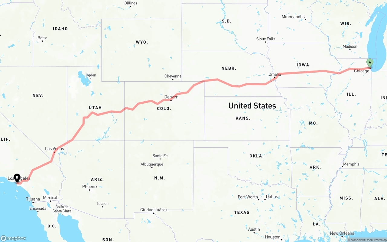 Shipping route from Chicago to Los Angeles International Airport