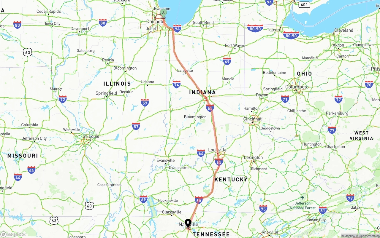 Shipping route from Chicago to Nashville