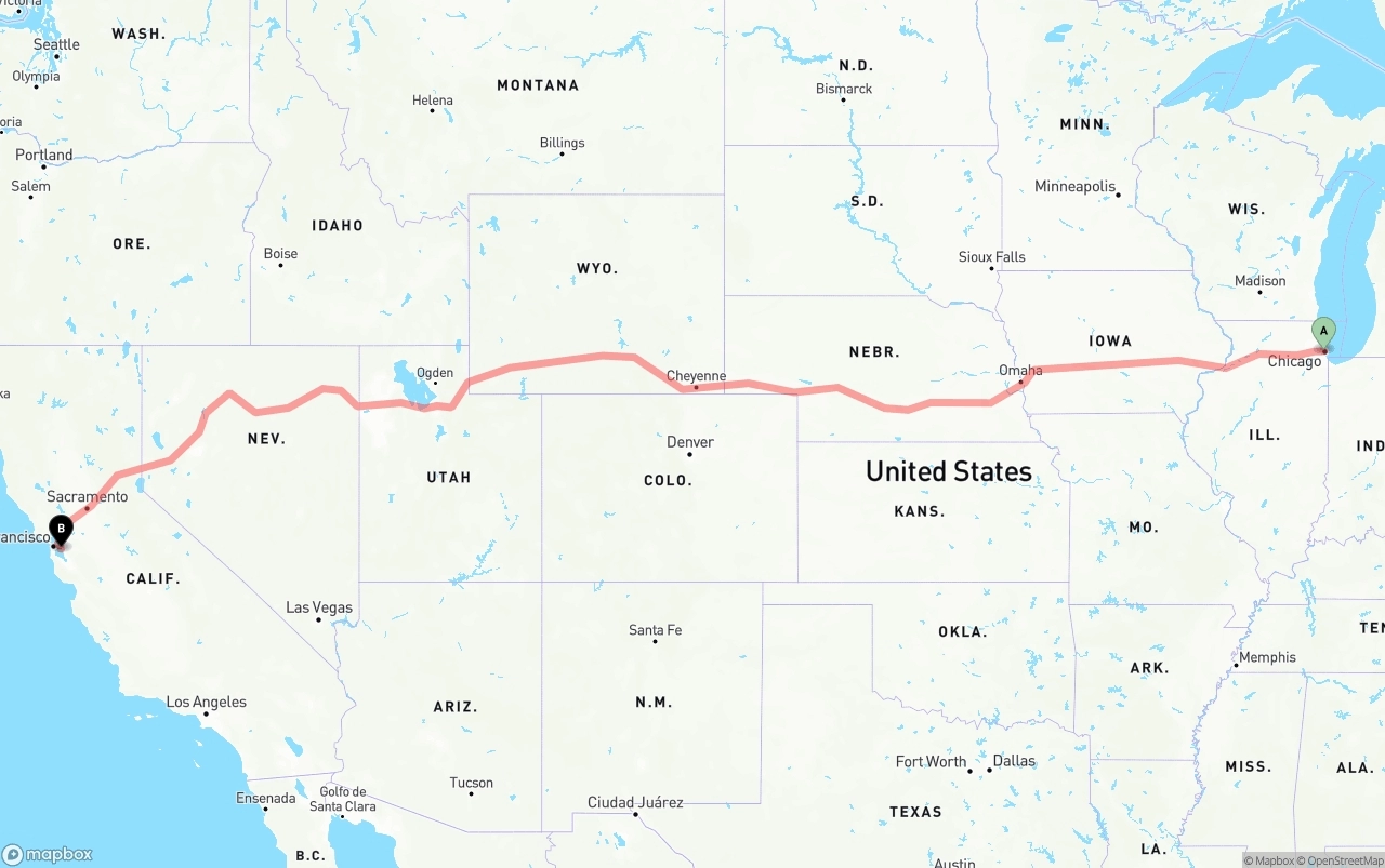 Shipping route from Chicago to Oakland International Airport