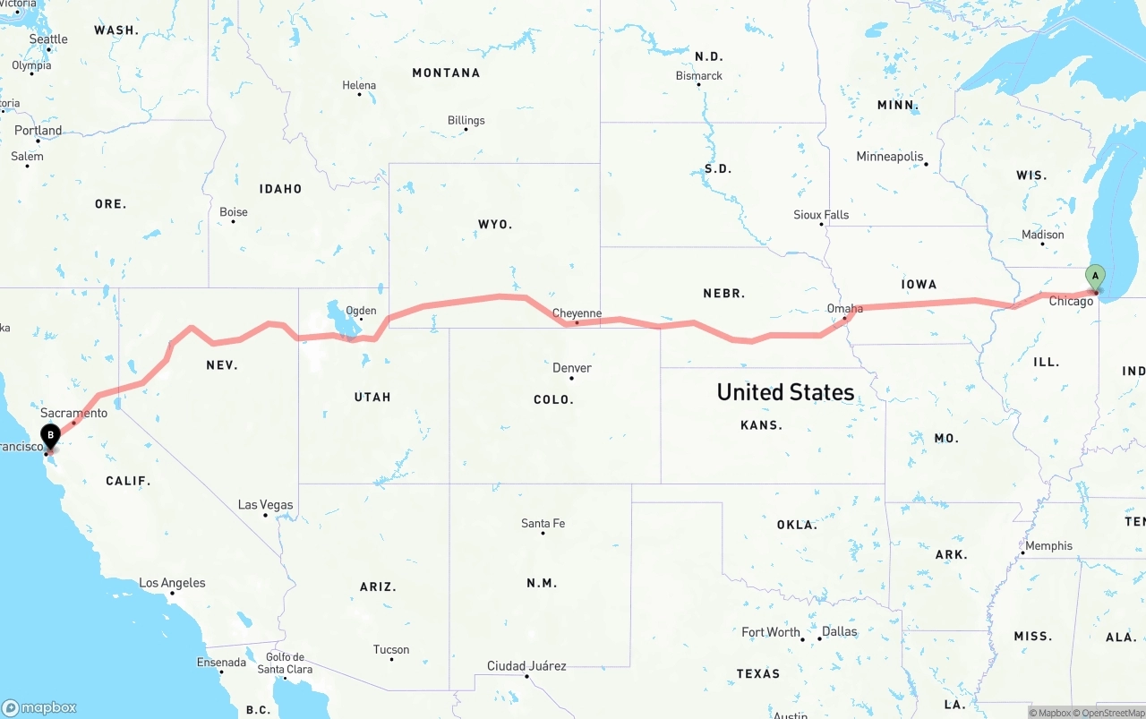 Shipping route from Chicago to Oakland