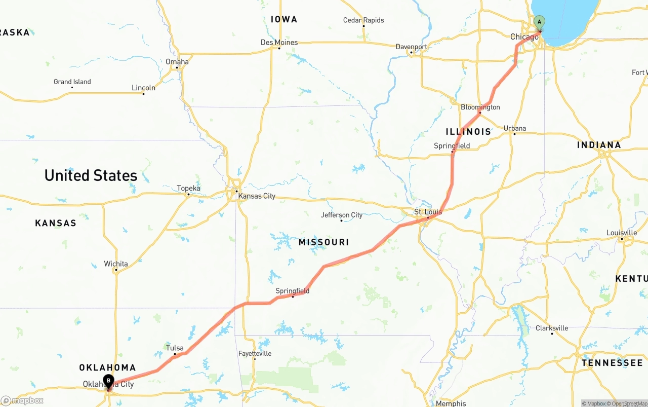 Shipping route from Chicago to Oklahoma City