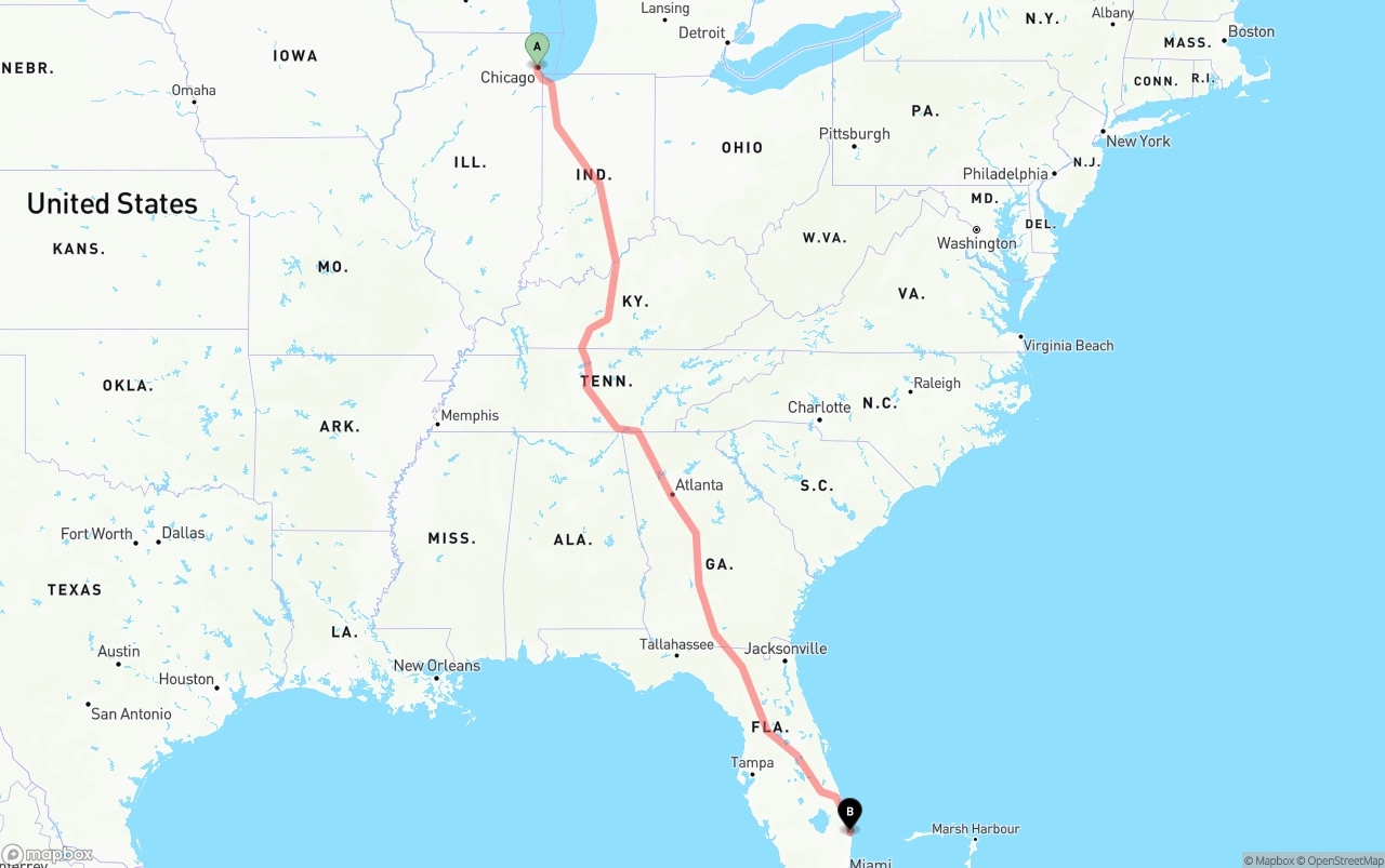 Shipping route from Chicago to Palm Beach International Airport