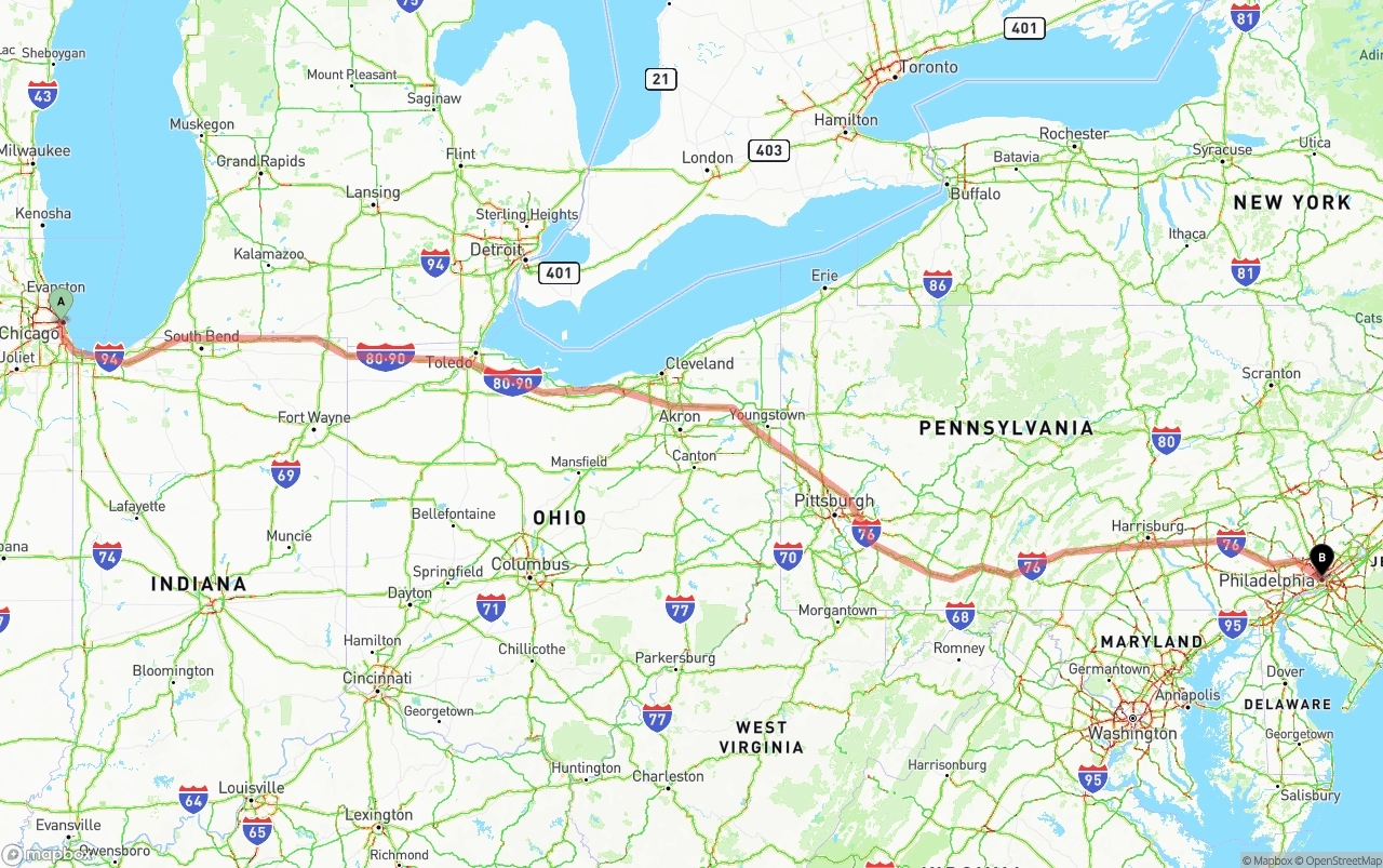 Shipping route from Chicago to Philadelphia