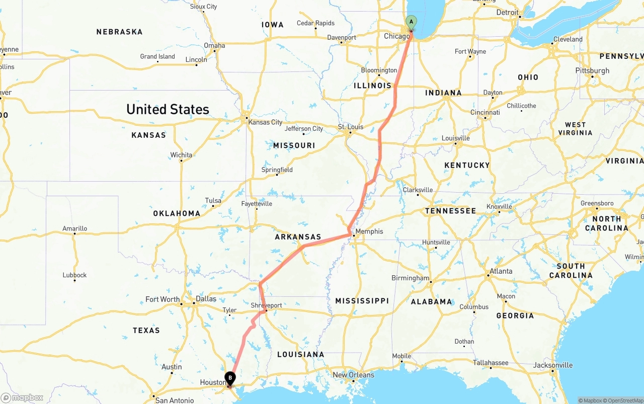 Shipping route from Chicago to Port of Houston