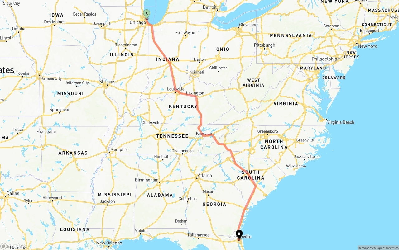Shipping route from Chicago to Port of Jacksonville