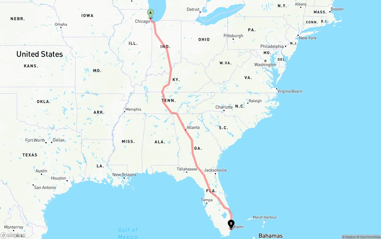 Shipping route from Chicago to Port of Miami