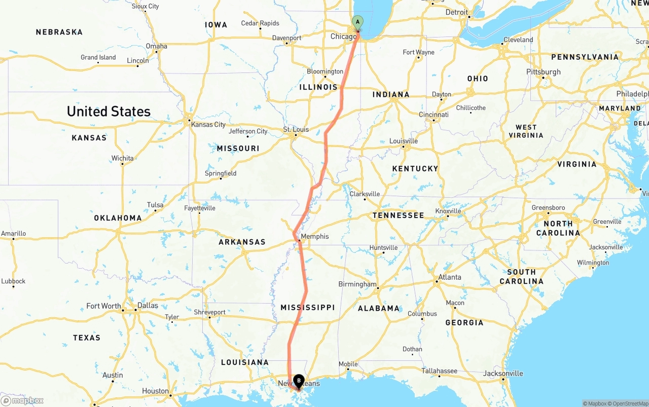 Shipping route from Chicago to Port of New Orleans