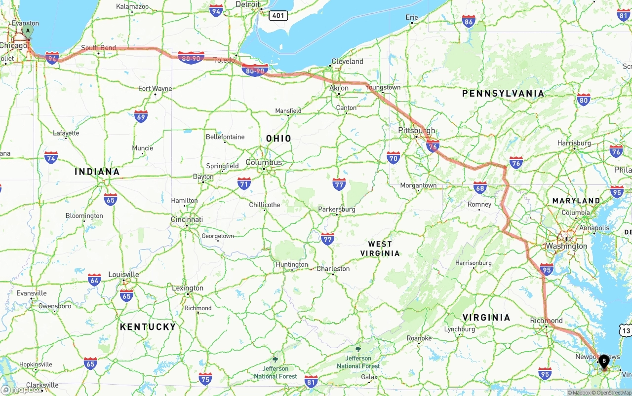 Shipping route from Chicago to Port of Norfolk
