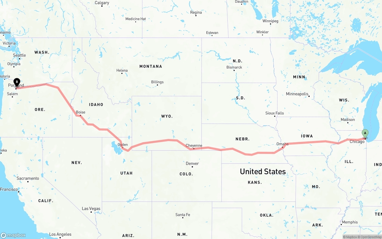 Shipping route from Chicago to Port of Portland