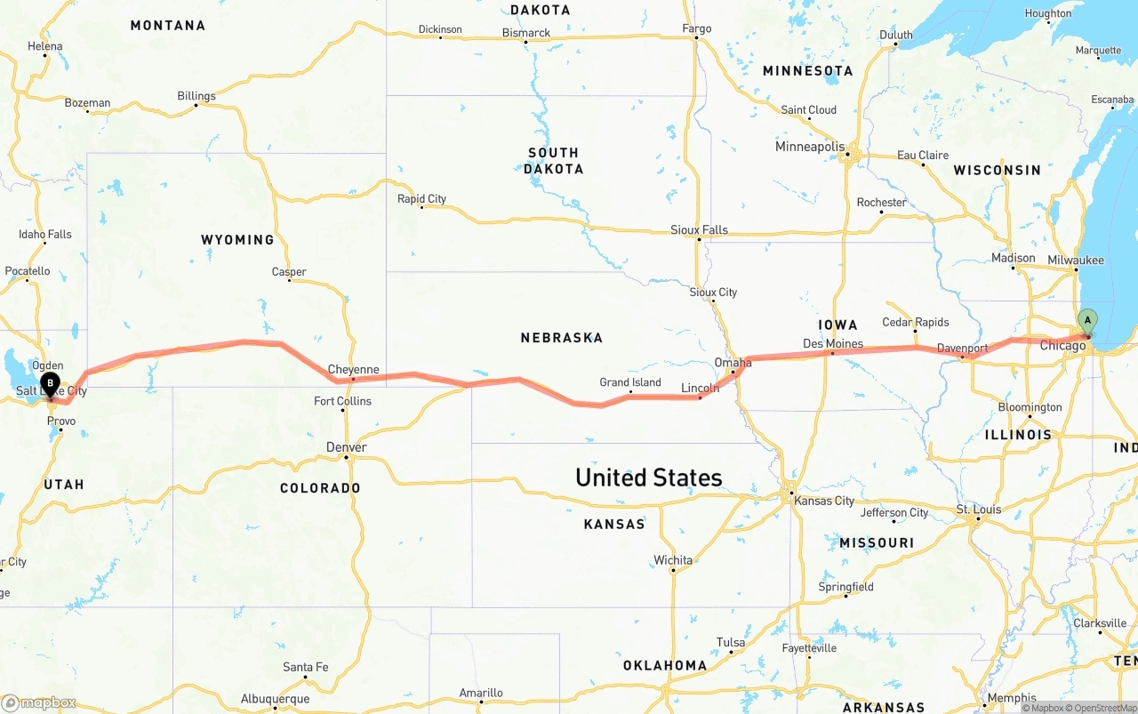 Shipping route from Chicago to Salt Lake City