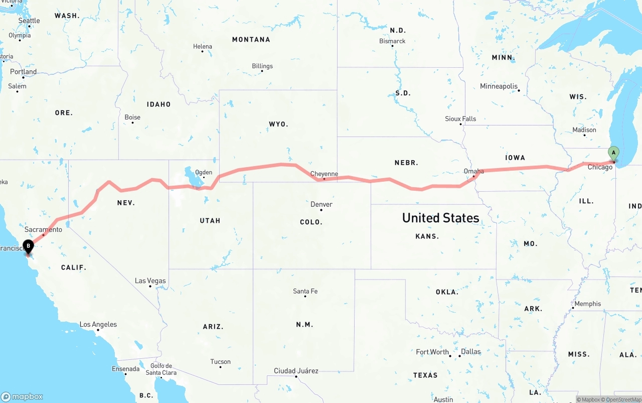 Shipping route from Chicago to San Francisco International Airport