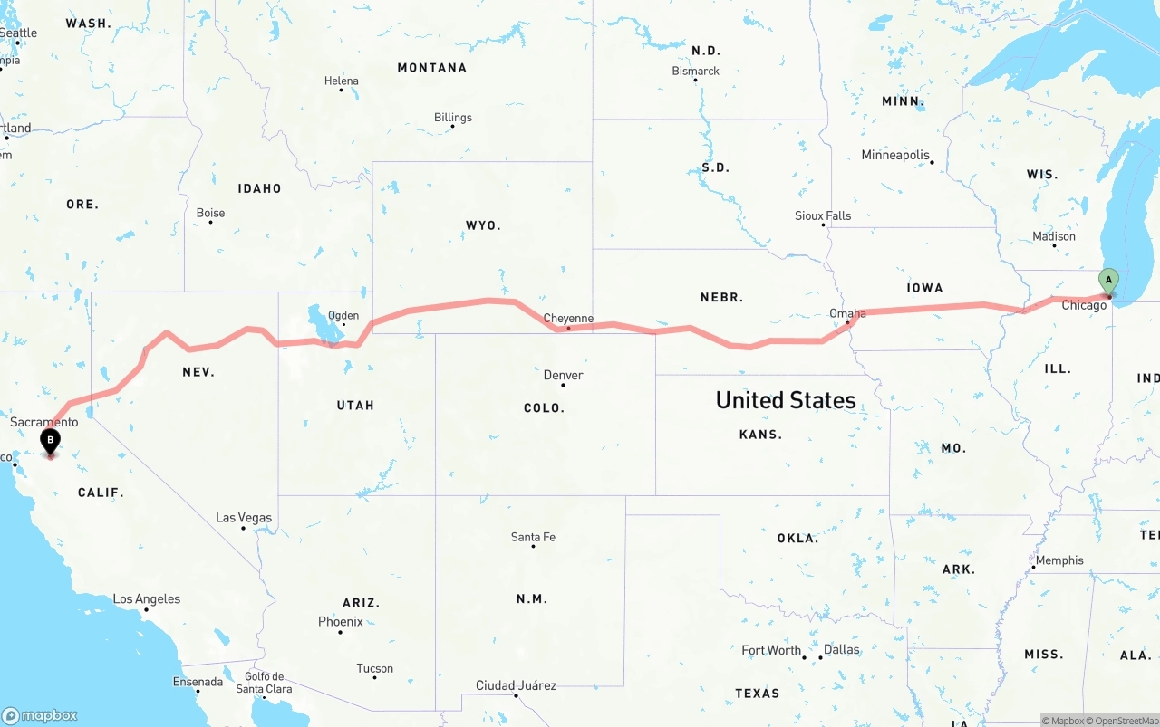 Shipping route from Chicago to Stockton