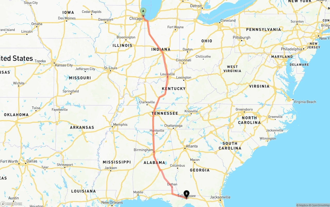 Shipping route from Chicago to Tallahassee
