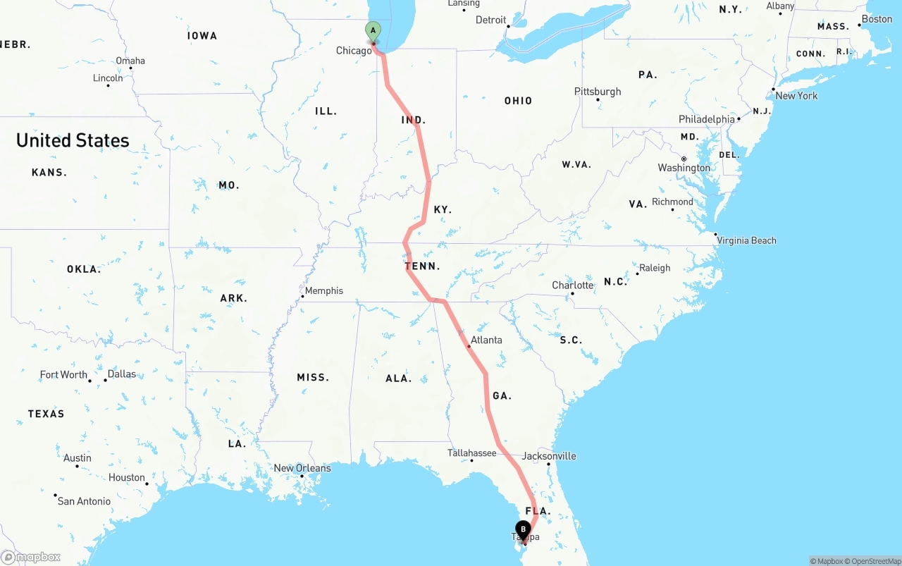 Shipping route from Chicago to Tampa International Airport