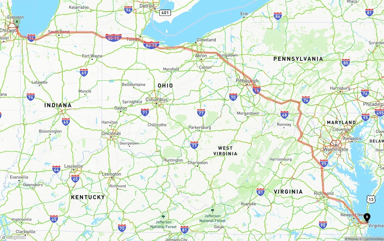 Shipping route from Chicago to Virginia Beach