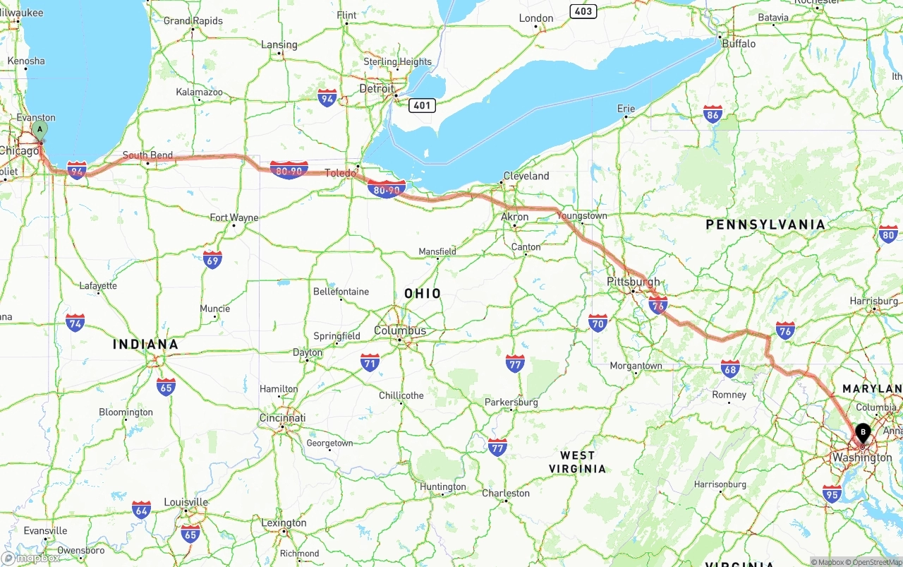 Shipping route from Chicago to Washington D.C.