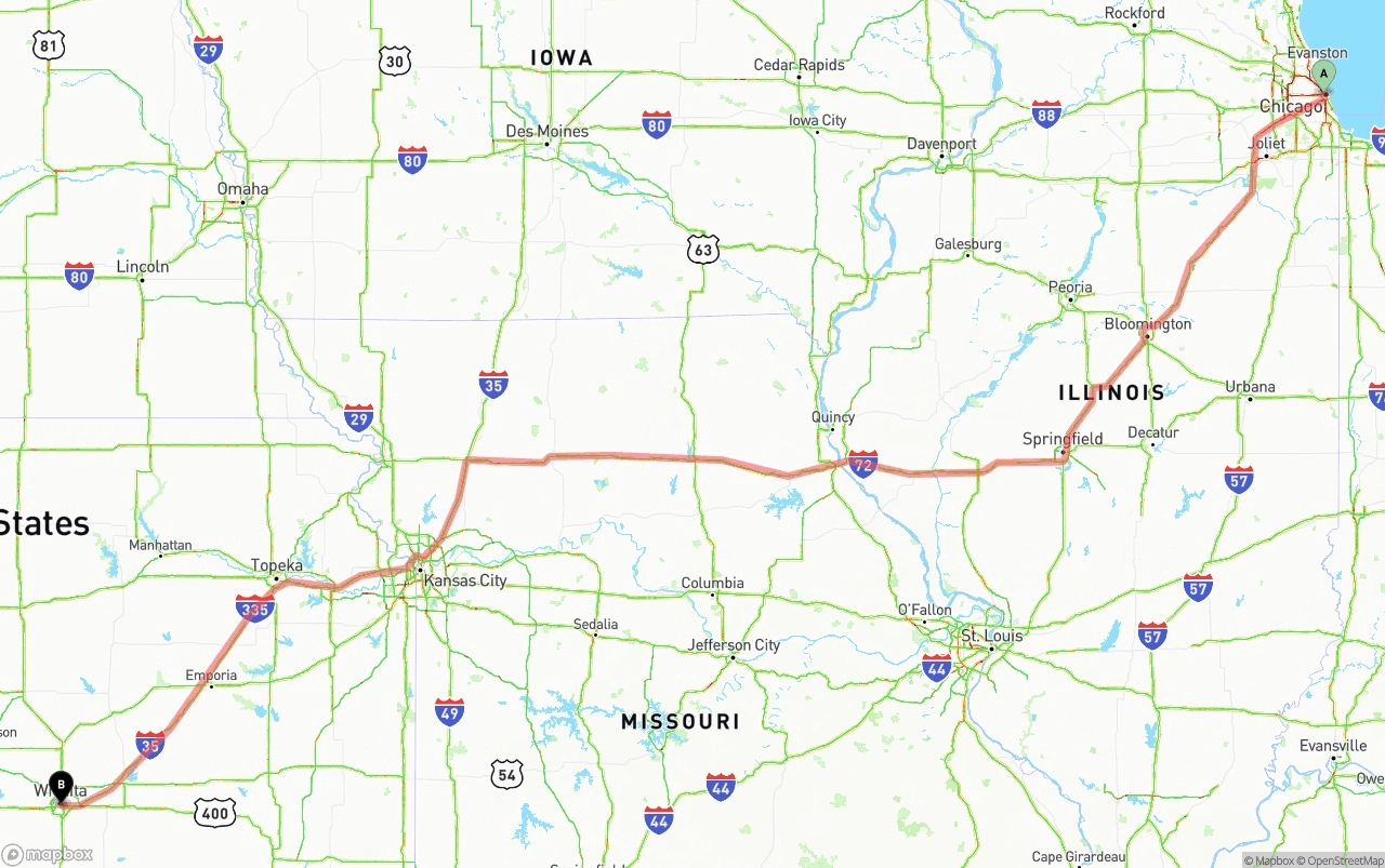 Shipping route from Chicago to Wichita