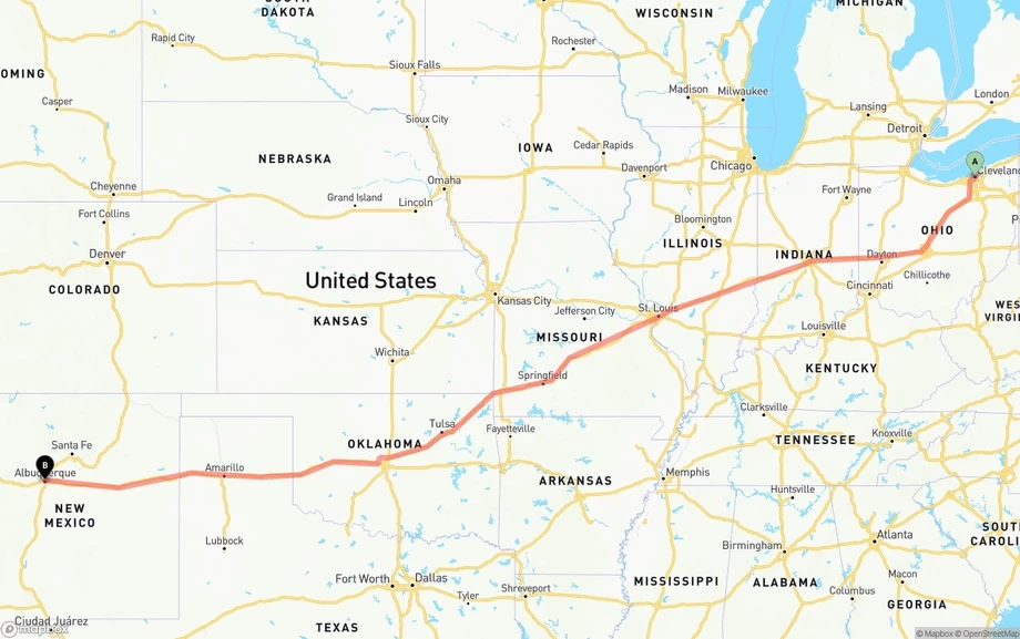Cleveland to Albuquerque freight shipping route map