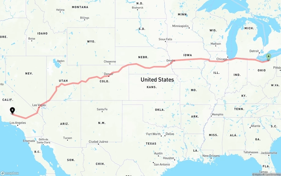 Cleveland to Bakersfield freight shipping route map