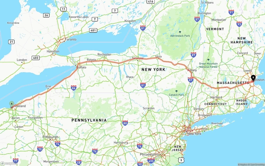 Cleveland to Boston freight shipping route map