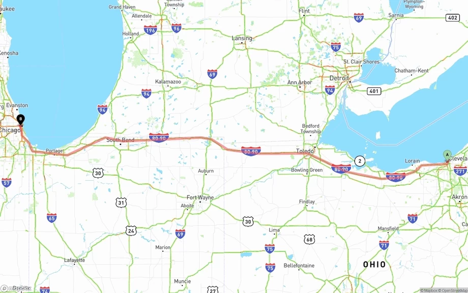 Cleveland to Chicago freight shipping route map