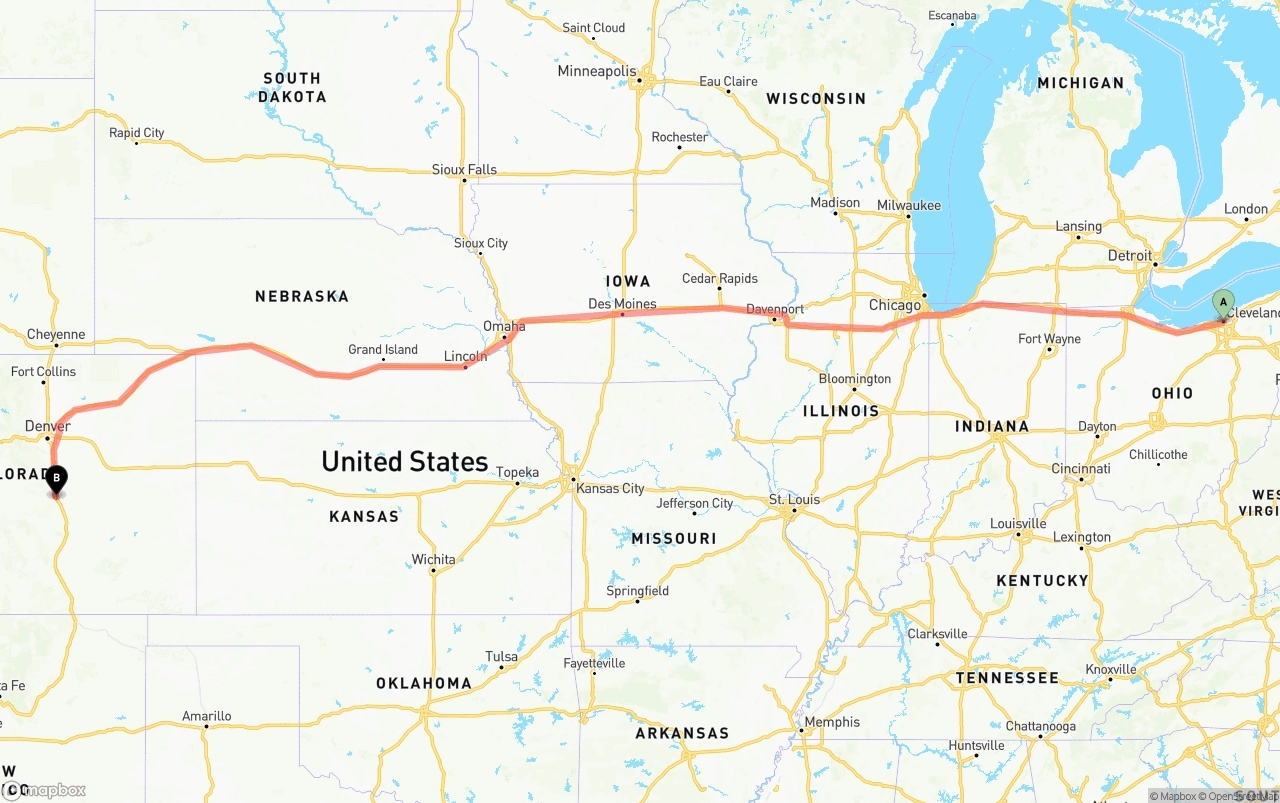 Shipping route from Cleveland to Colorado Springs