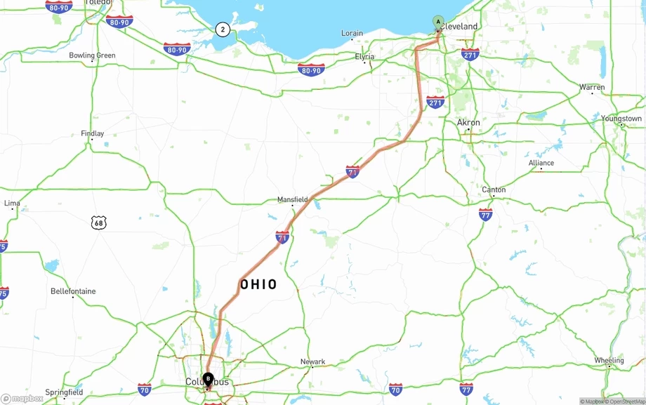 Cleveland to Columbus freight shipping route map