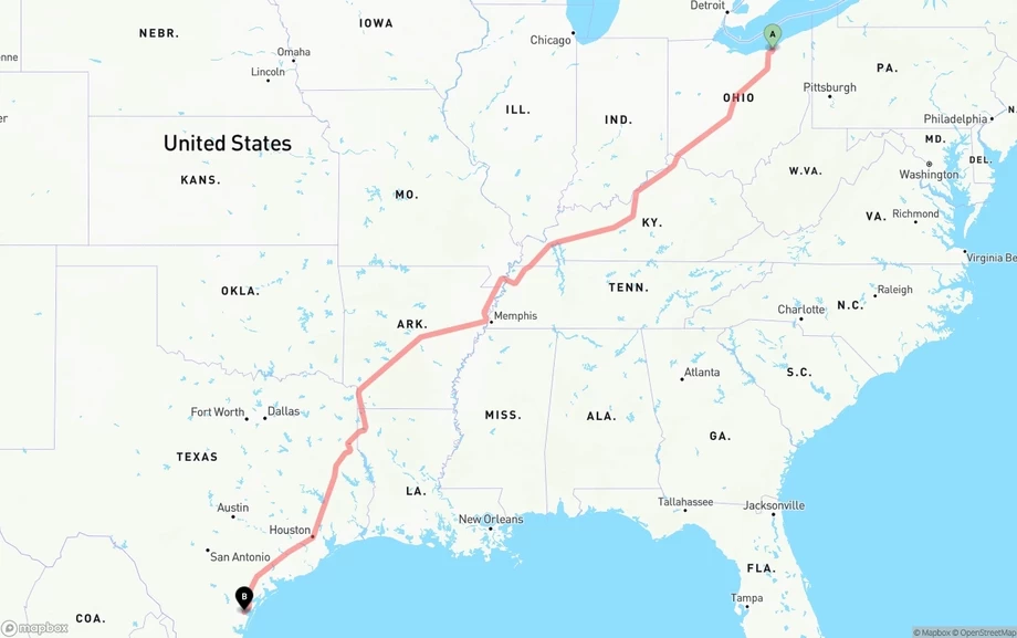 Cleveland to Corpus Christi freight shipping route map