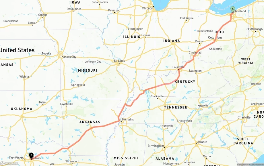 Cleveland to Dallas freight shipping route map