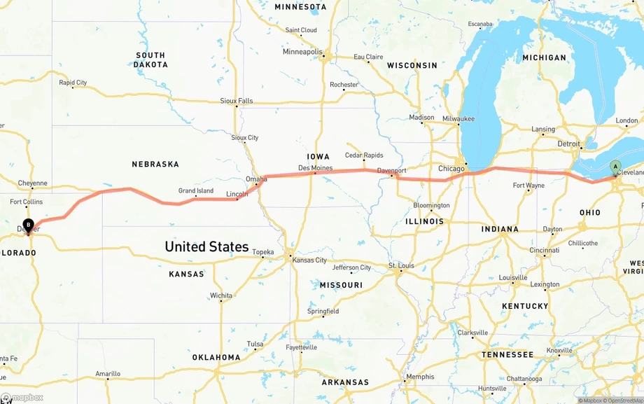 Cleveland to Denver freight shipping route map