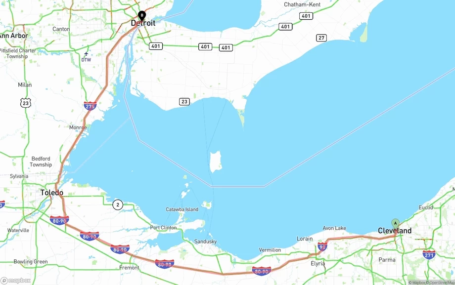 Cleveland to Detroit freight shipping route map