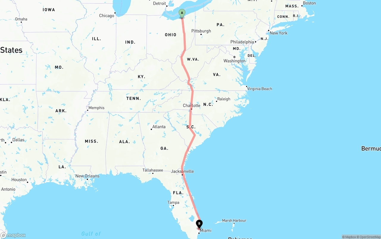 Shipping route from Cleveland to Fort Lauderdale-Hollywood International Airport