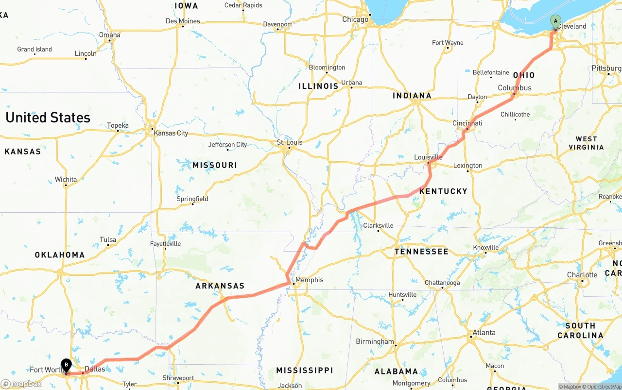 Shipping route from Cleveland to Fort Worth