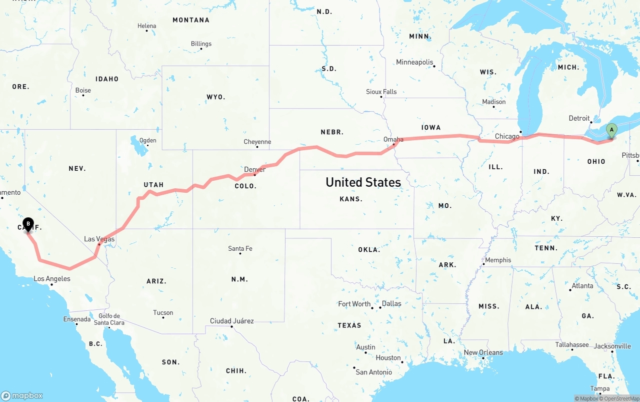 Shipping route from Cleveland to Fresno