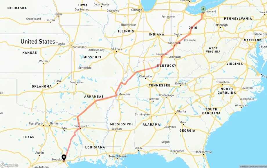 Cleveland to Houston freight shipping route map