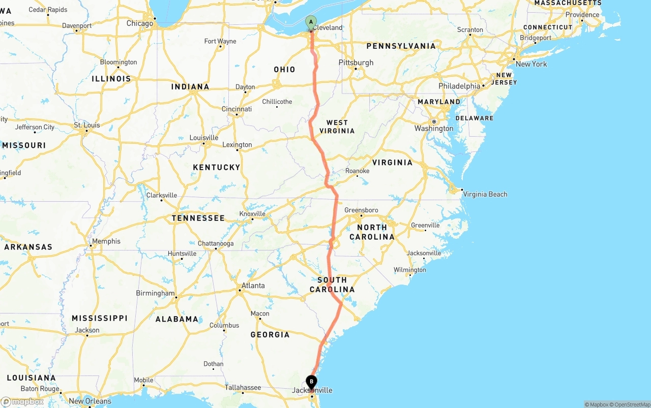 Shipping route from Cleveland to Jacksonville International Airport